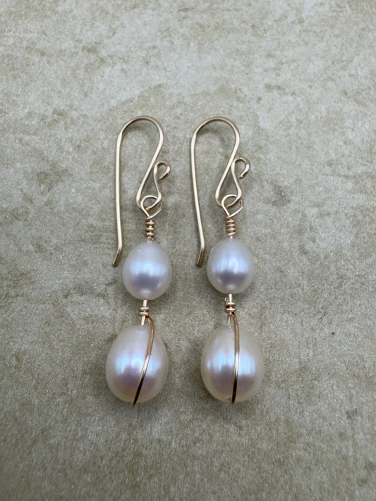 Gold-Filled Double Pearl Artisan Drop Earrings
