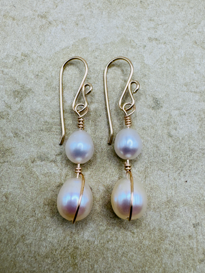 Gold-Filled Double Pearl Artisan Drop Earrings
