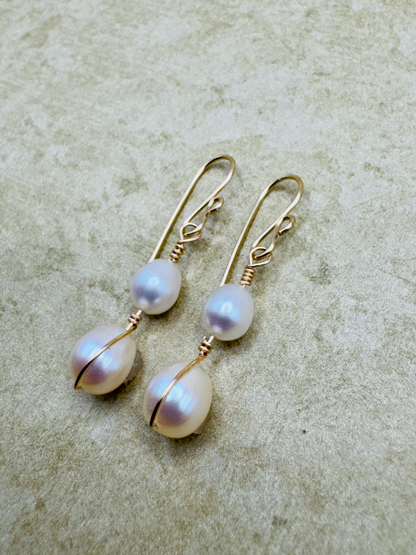Gold-Filled Double Pearl Artisan Drop Earrings
