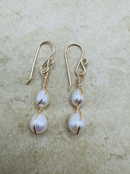 Gold-Filled Small Double Pearl Drop Earrings