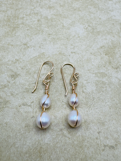Gold-Filled Small Double Pearl Drop Earrings