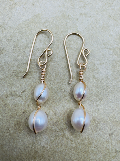 Gold-Filled Small Double Pearl Drop Earrings
