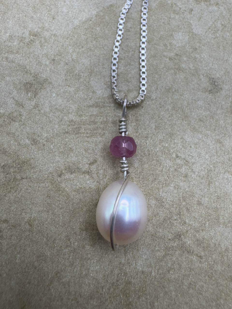 Sterling Silver Pink Sapphire Freshwater Pearl Drop Pendent
