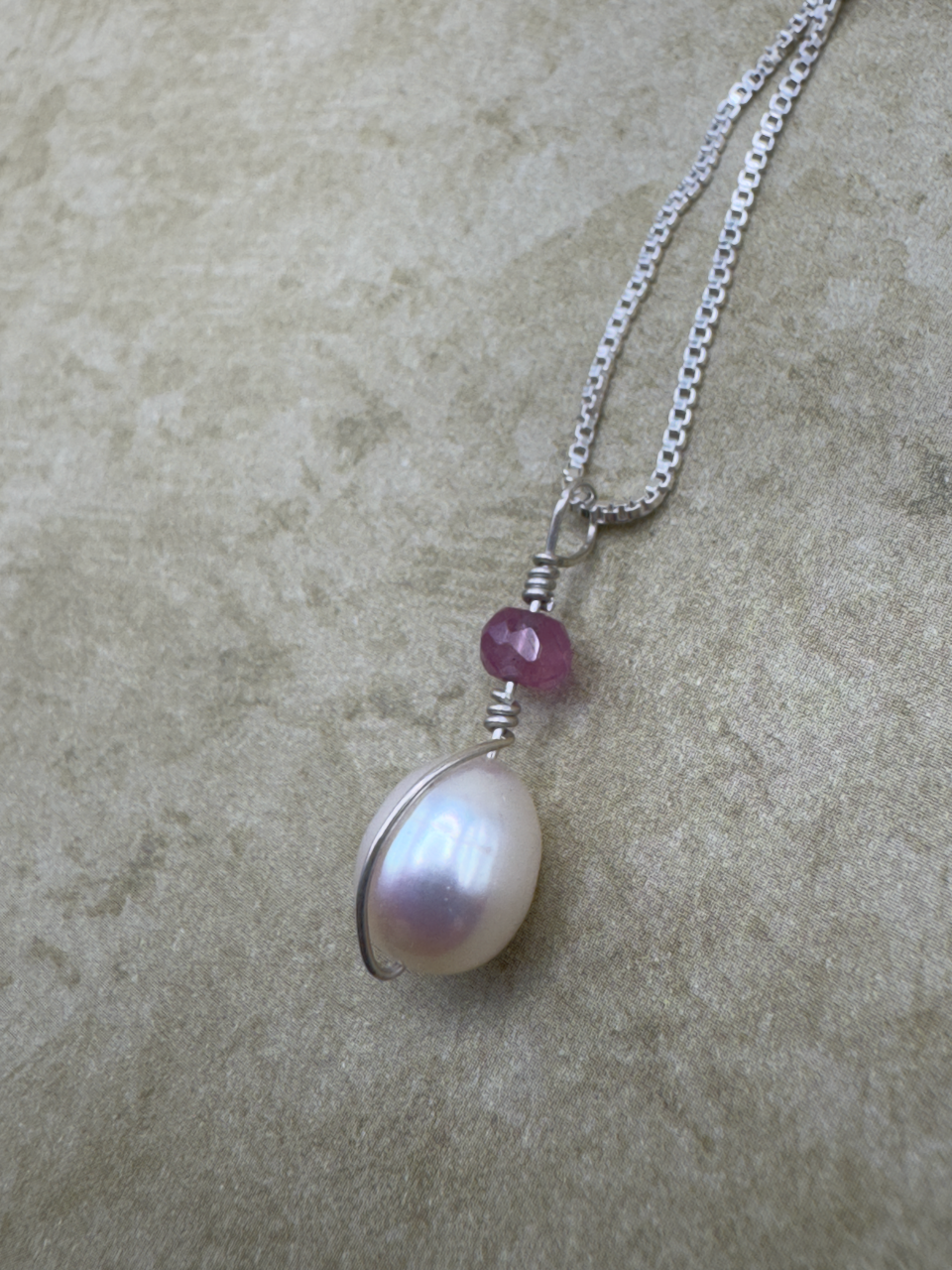 Sterling Silver Pink Sapphire Freshwater Pearl Drop Pendent