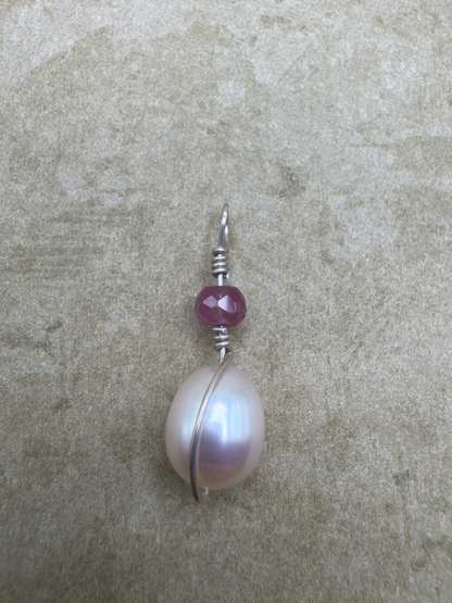 Sterling Silver Pink Sapphire Freshwater Pearl Drop Pendent