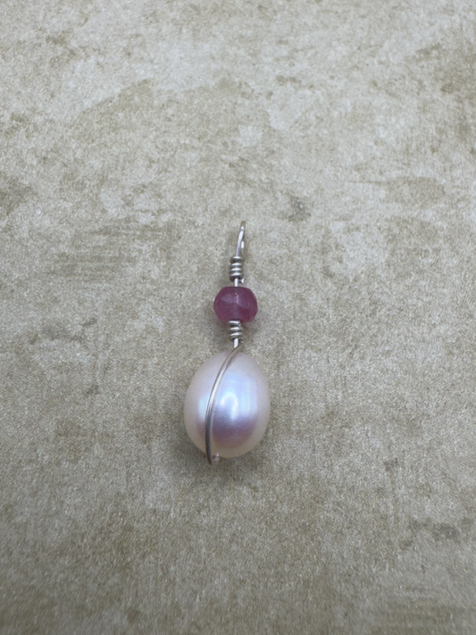 Sterling Silver Pink Sapphire Freshwater Pearl Drop Pendent