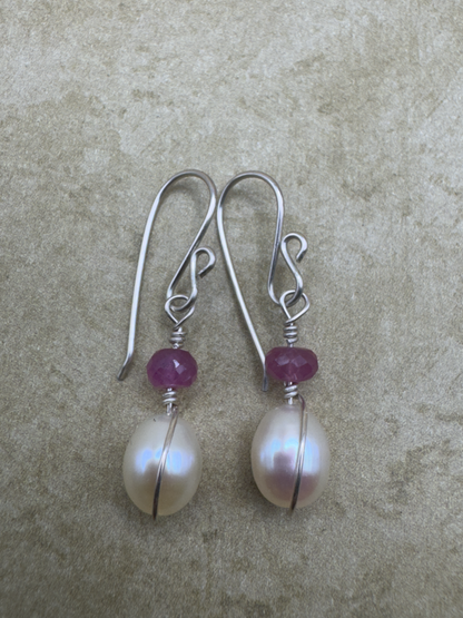 Sterling Silver Pink Sapphire Freshwater Pearl Drops