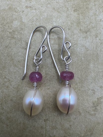 Sterling Silver Pink Sapphire Freshwater Pearl Drops