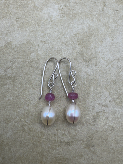 Sterling Silver Pink Sapphire Freshwater Pearl Drops