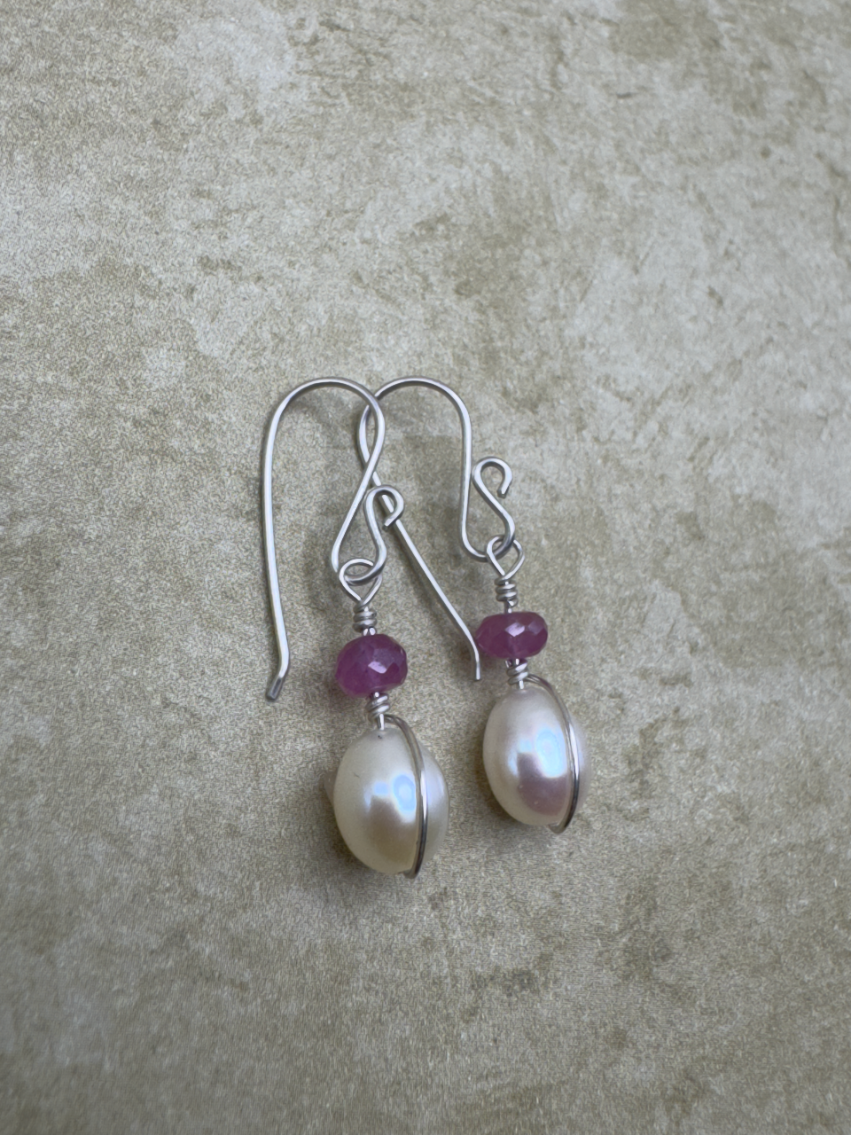 Sterling Silver Pink Sapphire Freshwater Pearl Drops