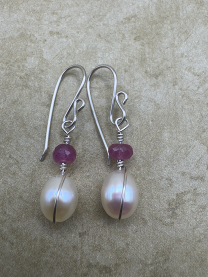 Sterling Silver Pink Sapphire Freshwater Pearl Drops