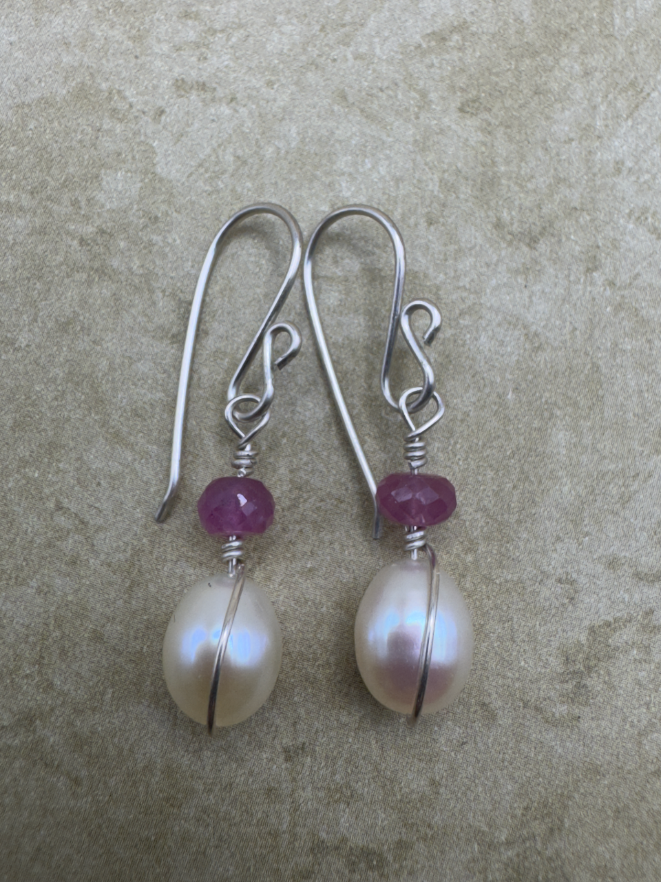 Sterling Silver Pink Sapphire Freshwater Pearl Drops