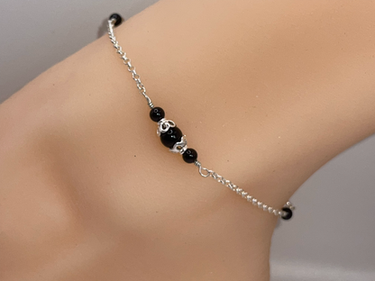 Sterling Silver Black Onyx Round Chain Anklet